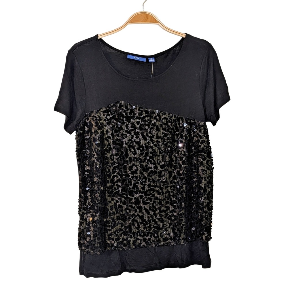 Apt. 9 Womens XS Black Sequin Leopard Print Short Sleeve‎ T-Shirt Top Blouse NWT
